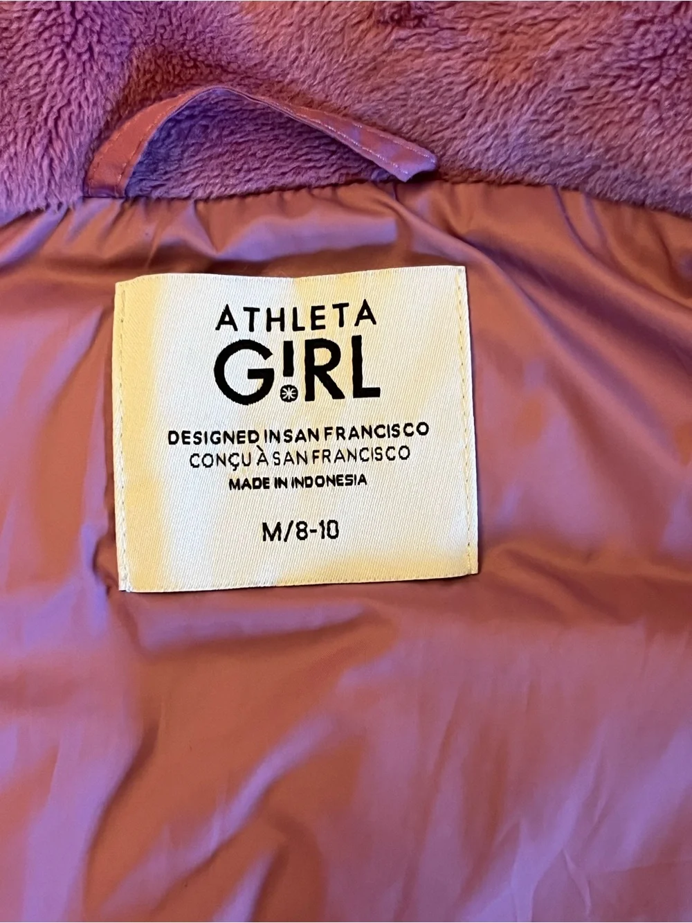 Athleta Girl’s Cloud Nine Puffer Vest Jacket. Size M 8-10.  Soft Purple/Mauve